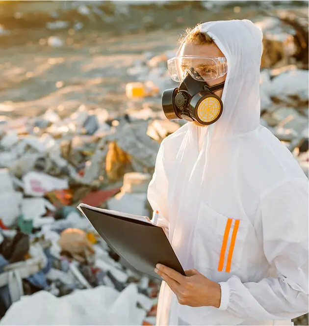 hoarding cleanup specialist in hazmat gear at landfill