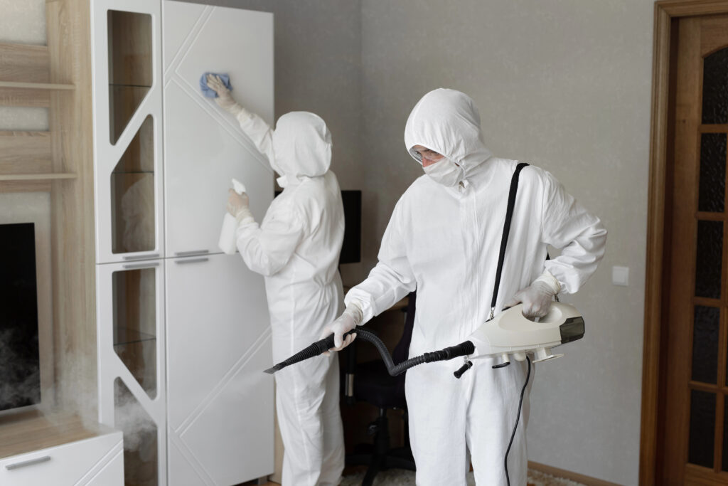 Two cleaners in hazmat suits cleaning a home's living room.